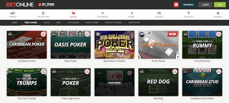 BetOnline gaming selection homepage - The best crypto poker sites 