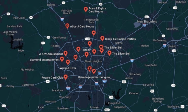 A map of gambling properties in San Antonio