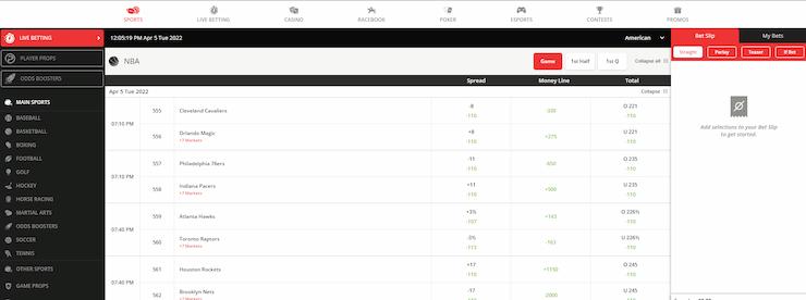 betonline sportsbook home page with bet slip.