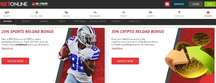 BetOnline sportsbook reload bonuses with $US and crypto
