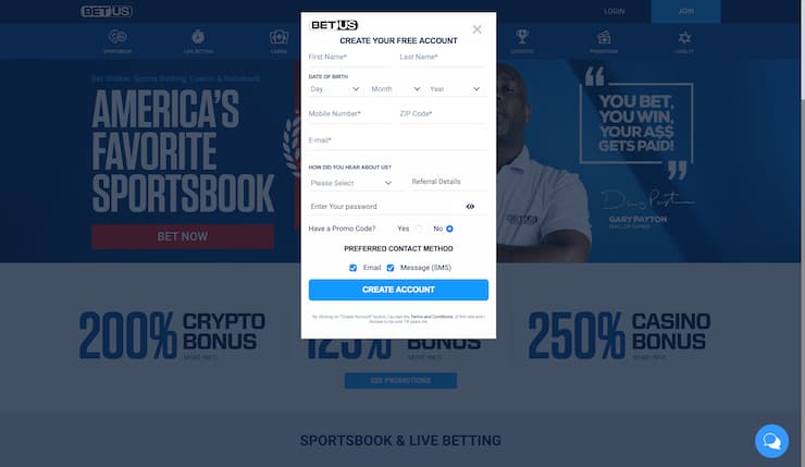 BetUS Sign-Up Form