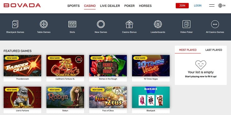 Bovada Casino Homepage