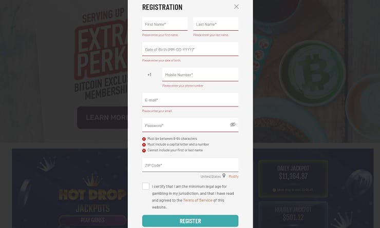 Cafe Casino Registration Form