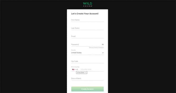 Wild Casino Registration form