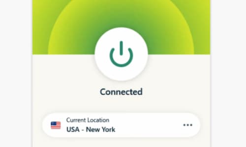 ExpressVPN connected state shows green and your chosen location