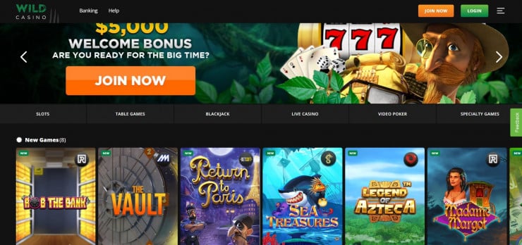 Wild Casino game library is neatly arranged in categories