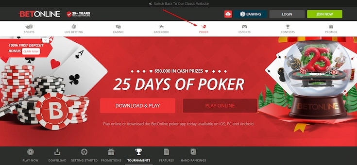 Load BetOnline in your browser and click on Poker in the top bar