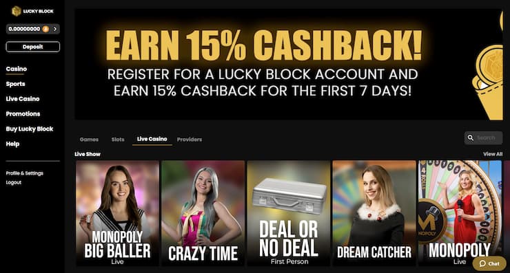 Lucky Block: AU Bitcoin gambling with 15% Cashback