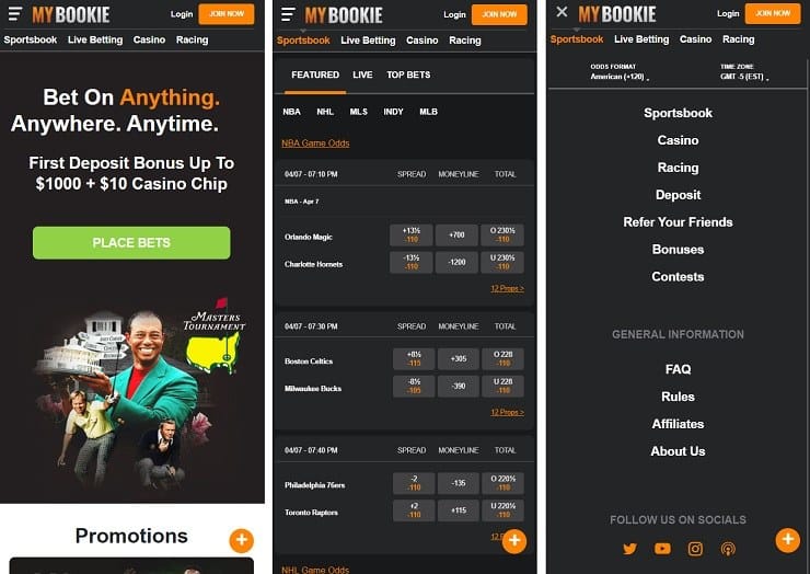 MyBookie NY Mobile Site Screens