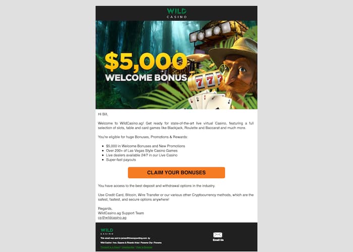 Wild Casino Registration Confirmation Email