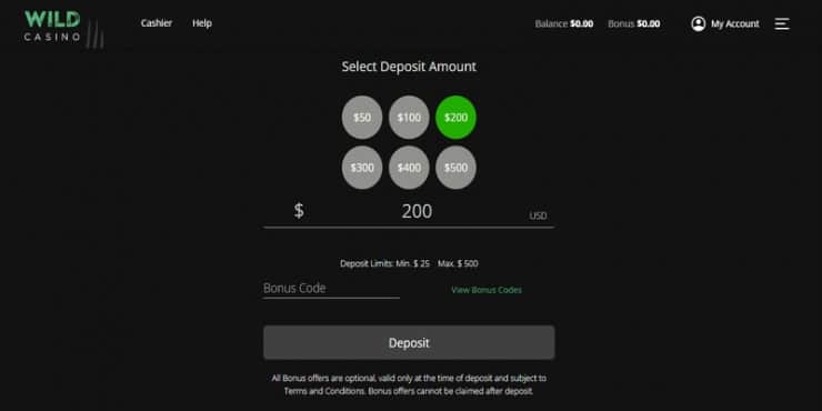 Wild Casino - Select a Deposit Amount 