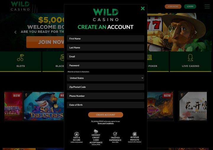 Wild Casino Registration Form