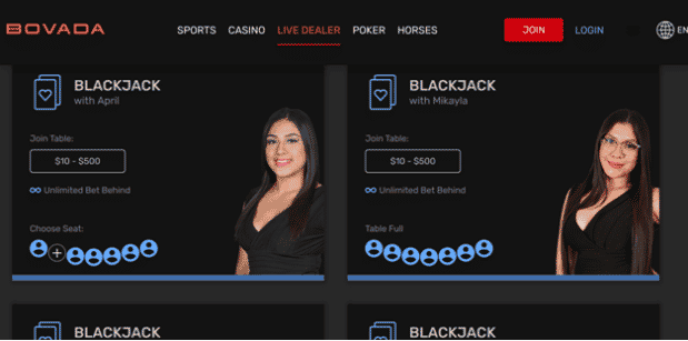 Bovada's Live Blackjack Casino lobby