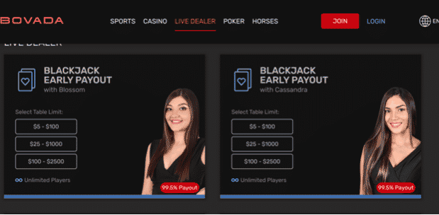 Bovada's live blackjack early payout