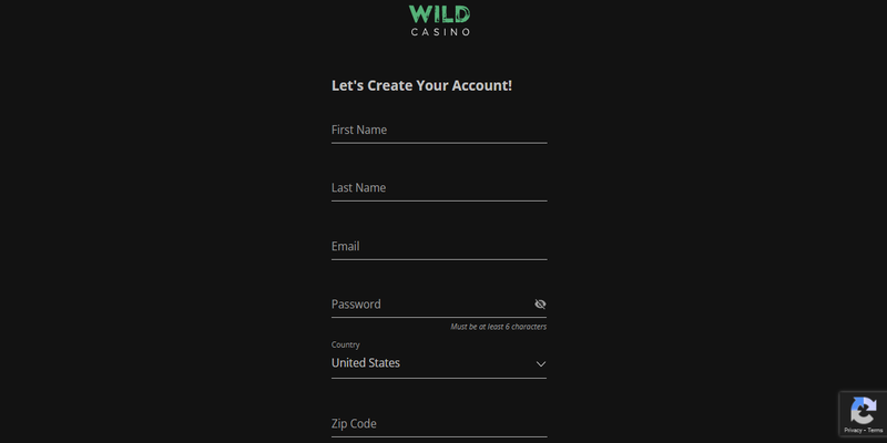 Wild Casino sign up screen